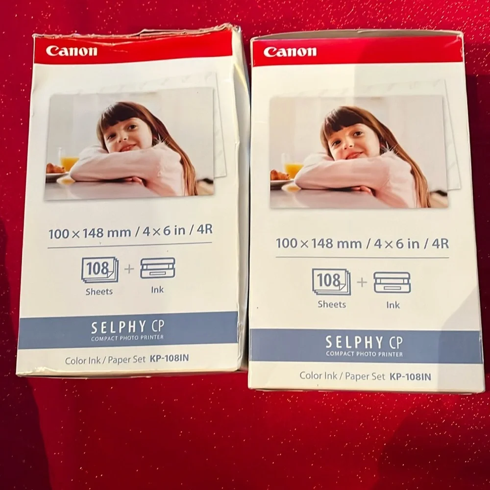 2 boxes of Canon Selphy CP color ink/paper sets KP-108IN. New in boxes.